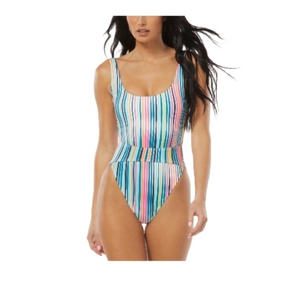 Vince Camuto Striped Women's High-Leg Cut-Out One-Piece Swimsuit swimwear 10 New - Picture 6 of 12